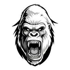 Illustration of fierce gorilla head with open mouth and sharp teeth, aggressive expression, detailed illustration, isolated on transparent background
