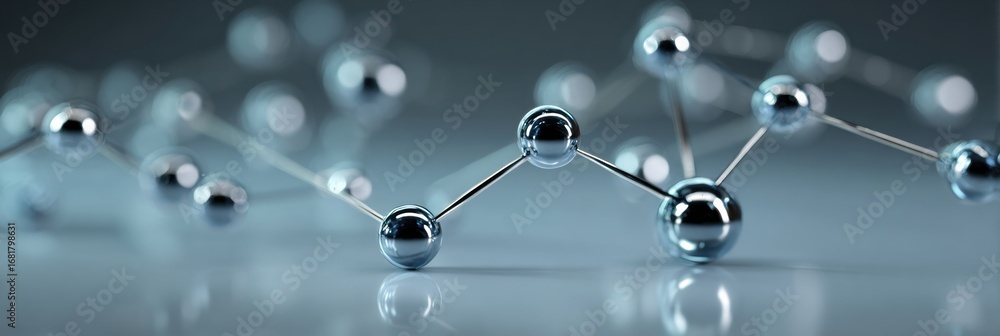 Poster molecular structures showcasing interconnected atoms with reflections on a smooth surface in a scien