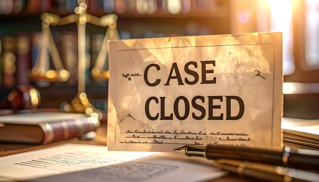 A vintage-style legal document declares a case closed in a professional, well-lit law office setting.