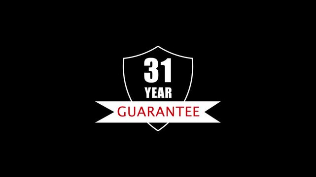 Black shield-shaped badge with bold white text showing 1 Year Guarantee, featuring a white ribbon banner with red lettering. Ideal for product packaging, promotions, customer trust, and quality.