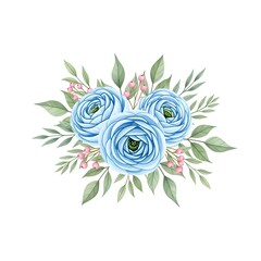 Obraz premium Blue ranunculus watercolor floral bouquet. Elegant botanical composition for greeting cards and stationery. Isolated hand-drawn flower arrangement with leaves and berries.