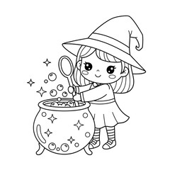 Cute little witch stirring a bubbling cauldron with a magic wand, ready for Halloween fun