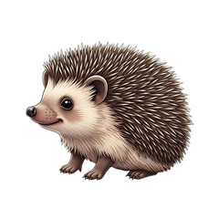 Illustration of a cute, fluffy hedgehog with big eyes and a curious expression, isolated on transparent background