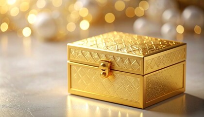 Ornate golden box with diamond texture—“S”-shaped latch, reflective surface, festive bokeh background, white and gold spheres, elegant gift or jewelry theme.