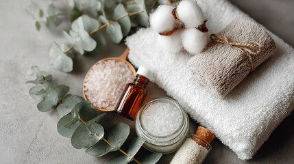 A serene spa setting featuring fluffy white towels, aromatic bath salts in wooden spoons and glass jars, and a small amber bottle of essential oil, accented by eucalyptus leaves and cotton bolls.