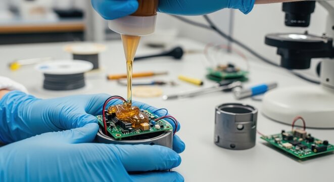 Production workflow capturing staged potting of seismic node electronics crucial for enhancing sensor resistance to vibration and moisture.