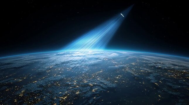 A satellite orbits Earth while projecting a massive cone of blue digital light and data toward a specific continent, symbolizing global connectivity, communication, and space-based technology.

