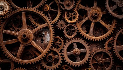 Rusty interlocking metal gears—vintage mechanical system, industrial complexity, aged textures, force transmission, tightly packed arrangement.