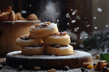 Puff pastry pinwheels filled with cinnamon sugar and raisins, dusted with icing sugar