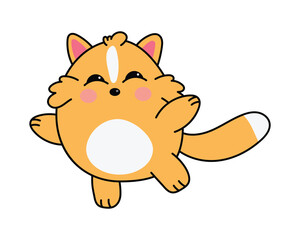 котикиCheerful orange cartoon cat character jumping in the air with a big smile, showing happiness, fun, and playful mood.
