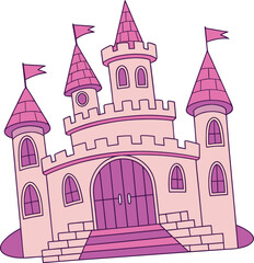 Vector art of pink fairytale castle with flags and towers