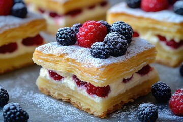 Puff pastry squares filled with lemon cheesecake filling and topped with berries