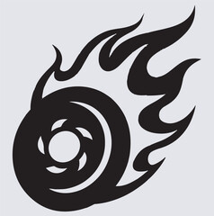 racing tire spinning with fiery flames silhouette vector art illustration, Flaming tire wheel with orange and yellow flames fire