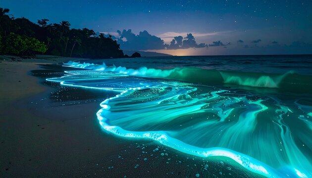 Bioluminescent waves glowing blue and turquoise at night—palm tree silhouettes, starry sky with clouds, faint horizon glow, surreal tropical beach scene.