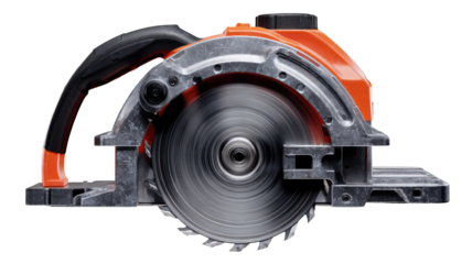 Close-up of a circular saw with spinning blade.  Orange and gray parts.  Industrial tool