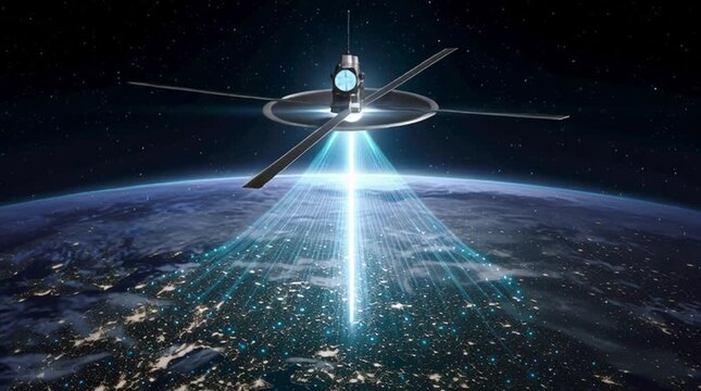 A satellite orbits Earth while projecting a massive cone of blue digital light and data toward a specific continent, symbolizing global connectivity, communication, and space-based technology.
