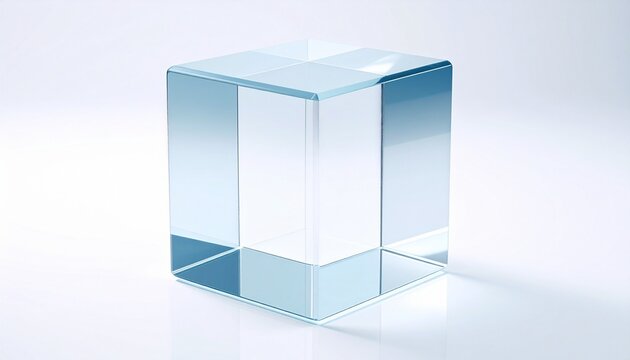 Transparent acrylic cube with reflective surfaces, white background, hollow top, light gradients, minimalistic modern design, optical clarity. - Powered by Adobe