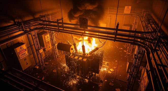 Electrical Transformer on Fire in High-Voltage Room