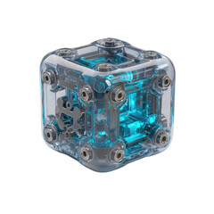 Fototapeta premium Transparent cube with internal, intricate mechanical components glowing blue