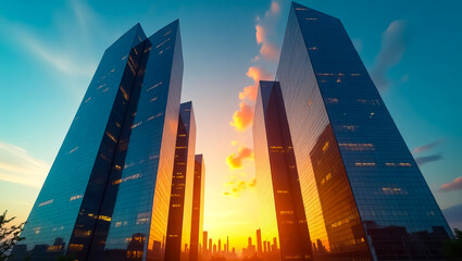 Obraz na płótnie Canvas Modern glass skyscrapers reflecting the golden sunset light signifying corporate success and urban development in a bustling city skyline reaching towards the future