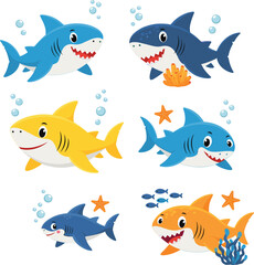 Cartoon sharks vector set, colorful smiling sharks with coral, bubbles, fish, and starfish, underwater marine life, cute sea creatures, ocean theme