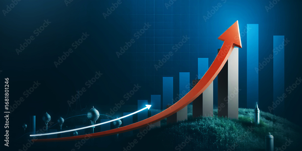 Poster an upward pointing red arrow in front of a blue bar graph on a dark blue background