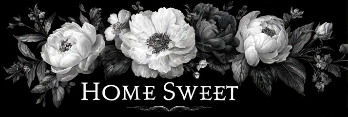 Beautiful floral arrangement with text highlighting home sweet sentiment on a dark background