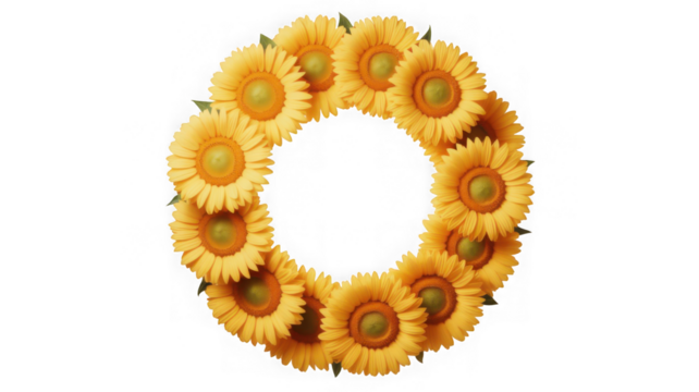 Bright yellow sunflowers arranged in a perfect circle against a black background