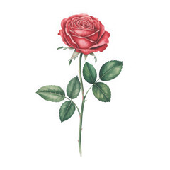 Single delicate pink rose with green leaves isolated on a stark black background