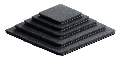 Dark gray square display risers in a tiered pyramid shape