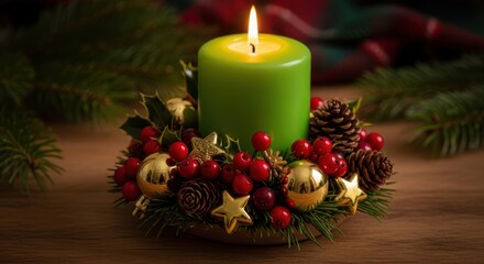 Festive Green Candle Surrounded by Christmas Decorations and Pine Needles