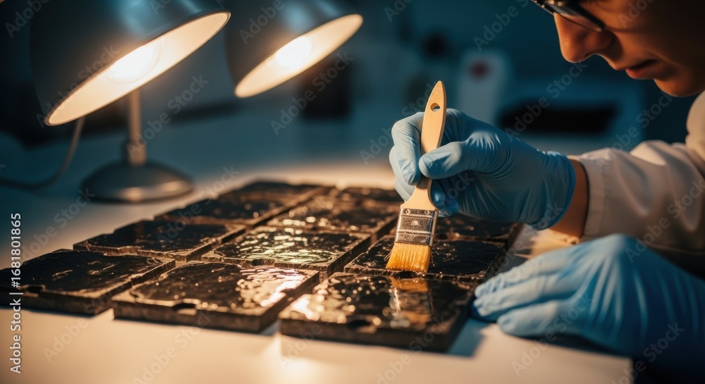 Poster lab technician craftsman applying bonding agents to suborbital heatshield tiles on a clean lab table