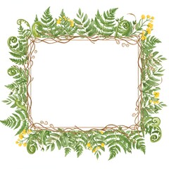 Watercolor woodland frame with fern and yellow flowers. Lush forest and natural botanical border. Hand-painted greenery illustration for wedding invitation design.