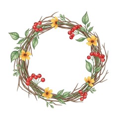 Autumn floral wreath with yellow flowers and red berries. Rustic fall harvest and Thanksgiving concept. Hand-painted vine frame for seasonal invitation design.