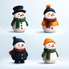 Four cheerful snowmen in winter attire showcase a joyful snowy atmosphere in a festive landscape