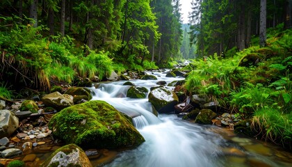 A tranquil mountain stream winds through a lush forest, cascading over mossy rocks and reflecting the surrounding greenery.