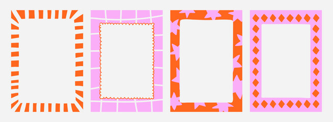 A trendy collection of vector frames and backgrounds with hand-drawn borders, abstract wavy lines retro-inspired patterns. Frames in playful colors. For invitations, posters, social media templates