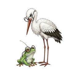 Obraz premium Illustration of a stork wearing glasses and a frog wearing glasses and a small antenna, interacting in a whimsical way, isolated on transparent background
