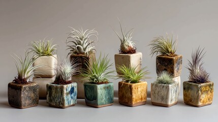 Collection of air plants in small ceramic pots.