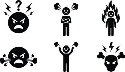 Anger management angry face rage emotion frustration stress icon set