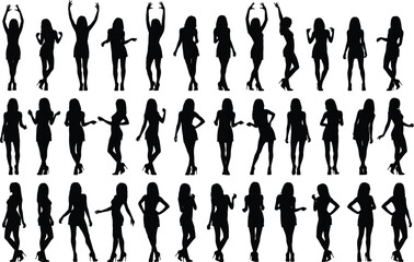 Silhouettes of women in various fashion poses, diverse standing and dancing positions, isolated on white background, elegant and stylish collection.
