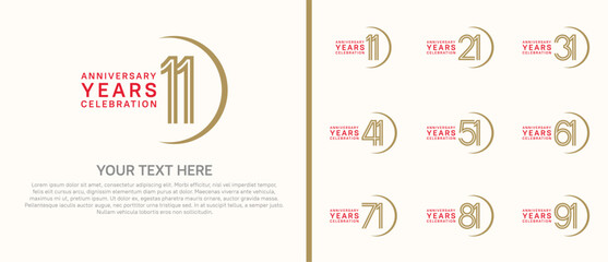 logo anniversary set. red and brown color with swoosh on white background for special event