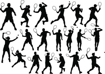 Silhouettes of tennis players in action poses, male and female athletes playing sport, isolated on white background, dynamic movement collection.