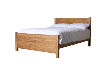 A solid wood bed frame with clean white bedding set against a stark black background evoking