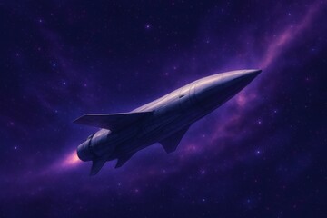 Obraz premium Hypersonic rocket flying through deep space on purple nebula background