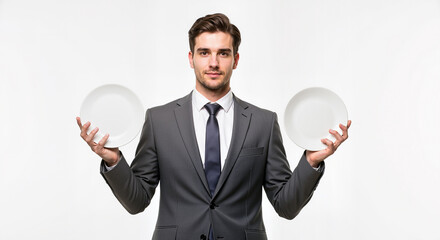 Young Business Professional Holding Two Empty Plates Suggesting Opportunity Growth and Potential Success in Financial Markets