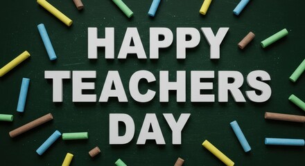 Happy teachers day celebrated with colorful chalk scattered around the text