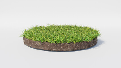 3d Floating island round shape with grass and soil layers. Podium for environmental or ecological concepts, isolated product display mockup.