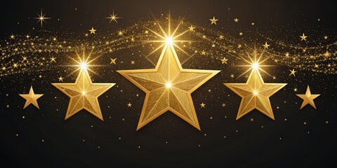 Three Golden Stars with Glitter Trail Dark Background, Award, Celebration Award, Celebration