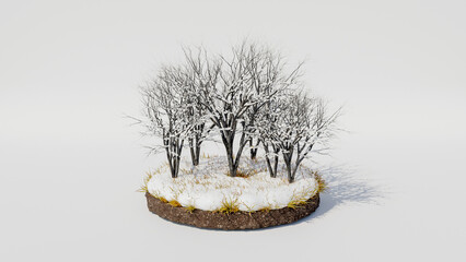 3d island round shape with snow covered ground and trees, winter season. The concept of seasons. Isolated on white background.